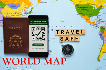 A picture of International Certificate of Vaccine at smartphone two doses vaccine and plane miniature on world map. International border start open after most country get the vaccination