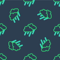 Line Cloud with rain icon isolated seamless pattern on blue background. Rain cloud precipitation with rain drops. Vector