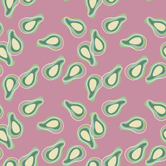 Random seamless pattern with small green avocado silhouettes print. Lilac background.