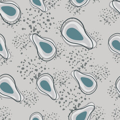 Random seamless pattern with abstract avocado elements. Grey background with splashes. Fruit backdrop.