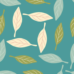 Organic seamless pattern with random pink, blue and green leaves elements. Turquoise background. Bright colors.