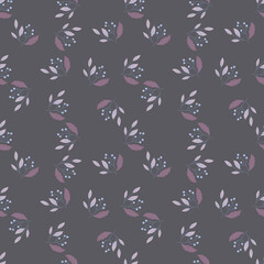 Natural seamless pattern with little random berry branches elements. Pale dark background. Bloom spring ornament.