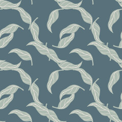 Organic random tangerine leaves seamless doodle pattern. Botanical print with pastel blue background.