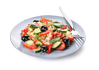 Plate with couscous and vegetables on white background