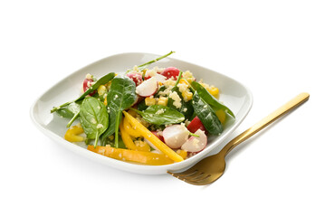 Plate with couscous and vegetables on white background
