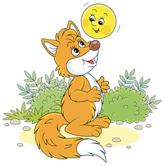 Freshly backed happy round loaf friendly smiling and singing a merry song to a sly red fox on a forest glade from a fairytale, vector cartoon illustration isolated on a white background