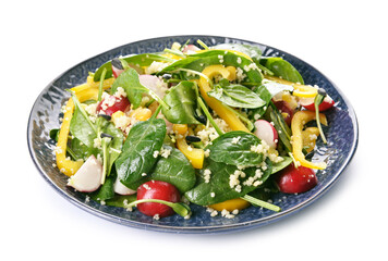 Plate with couscous and vegetables on white background