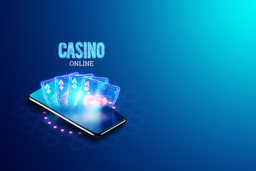 Concept for online casino, gambling, online money games, bets. Smartphone and neon casino sign, roulette, and dice. site header, flyer, poster, template for advertising. 3D illustration, 3D render