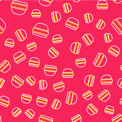 Line Burger icon isolated seamless pattern on red background. Hamburger icon. Cheeseburger sandwich sign. Fast food menu. Vector