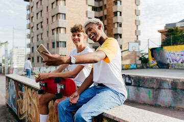 Two handsome teenage boys with skateboard taking selfie on the street