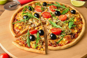 Board with tasty pizza, closeup