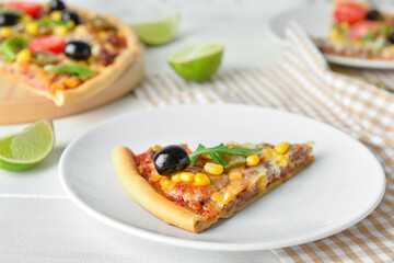 Plate with slice of tasty pizza on light wooden background, closeup