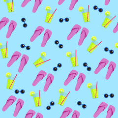 Seamless pattern summer beach  sunglasses, lemonade, slippers. Vector pattern summer time