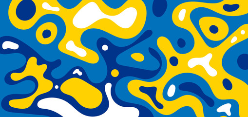 Abstract modern yellow, white, dark blue fluid dynamic shapes on blue background.