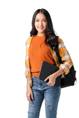 happineess cheerful asian adult female teenager hand hold tablet and backpack casual cloth ready to school concept isolate white background