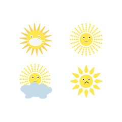 Cute sun flat vector illustrations set. Yellow childish sunny emoticons collection. Smiling sun with sunbeams cartoon character isolated on white background