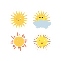 Sun character vector set. Sun cute summer characters in different expressions like angry, laughing and smiling in realistic design isolated in white background