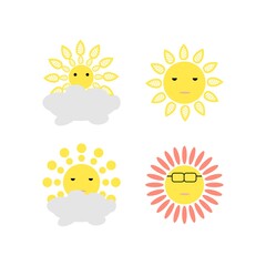 Sun character vector set. Sun cute summer characters in different expressions like angry, laughing and smiling in realistic design isolated in white background