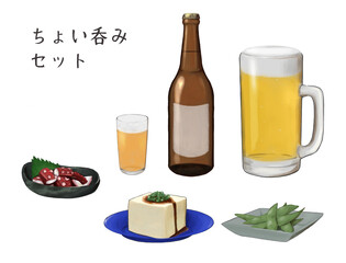 ビール（ビン・グラス・ジョッキ）とおつまみ（タコブツ・冷ややっこ・枝豆）セット