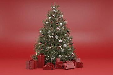 Christmas tree with red gifts box on red background. New year and sale event concept. 3d render illustration.