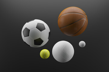 Sport equipment for minimal diet and healthy concept. Close up soccer ball, basketball, tennis, golf and volleyball on black background. 3d rendering illustration.