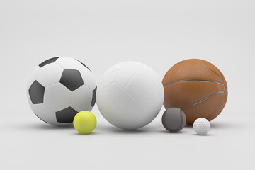 Volleyball, soccer ball, tennis, golf, baseball, basketball, sport balls isolated on white background, 3D rendering
