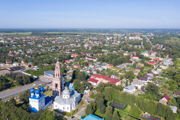 Aerial view of the town and St. Michael the Archangel cathedral at sunny day. Bronnitsy, Moscow Oblast, Russia.