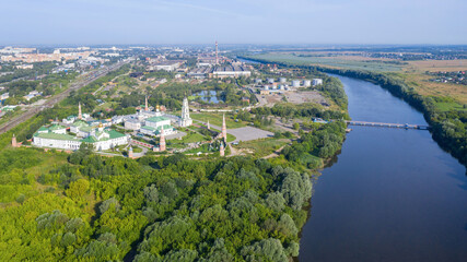 Aerial view of Staro-Golutvin monastery and Moscow river at sunny day. Kolomna, Moscow Oblast, Russia.