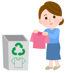 衣類をリサイクルボックスに入れる女性　イラスト