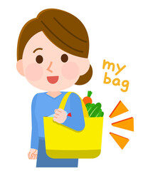 マイバッグで買い物をする女性　イラスト