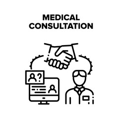 Medical Consultation Advise Vector Icon Concept. Doctor Examination, Diagnosis And Medical Consultation, Hospital Worker Researching Patient Card And Disease History Black Illustration