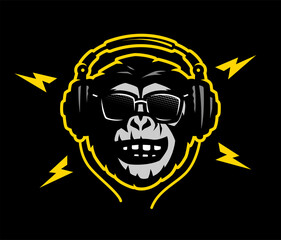 Monkey head with headphones and sunglasses on a dark background. Vector illustration.