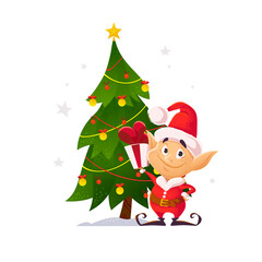 Vector cartoon illustration with funny santa elf character with gift box and Christmas tree isolated. Flat Christmas illustration. For banners, sales, party decor, cards, packaging etc.