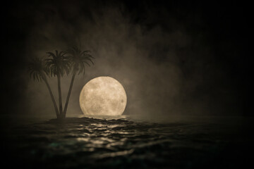 Futuristic night landscape with abstract landscape and island, moonlight, shine. Dark natural scene...