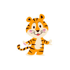 Fototapeta na wymiar Cute little tiger character stand smiling isolated on white background. Vector flat hand drawn style. For children decor, nursery design, banner, emblem, pattern, mascot etc.