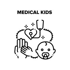 Medical Kids Vector Icon Concept. Medical Examination, Diagnosis And Disease Treatment. Doctor Pediatrician Examining Newborn Child Little Patient Heart With Stethoscope In Hospital Black Illustration