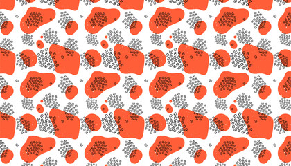 seamless pattern of geometric doodles with orange abstract spots. For printing, fabrics
