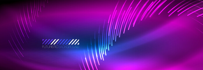 Neon glowing lines, magic energy and light motion background. Vector wallpaper template