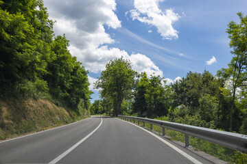 Fototapeta premium Road in the countryside lined with trees, blue skies and some pretty clouds.
