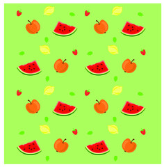 Watermelon lemon mint strawberry apple seamless vector pattern, green background, flat vector style. Fruit pattern on a solid background, fruit