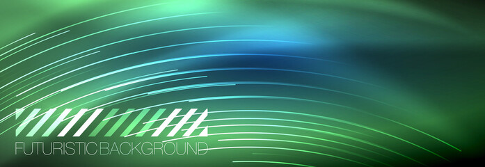 Neon glowing lines, magic energy and light motion background. Vector wallpaper template