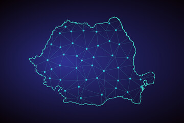 Map of Romania. Wire frame 3D mesh polygonal network line, design sphere, dot and structure. communications map of Romania. Vector Illustration EPS10. - Vector