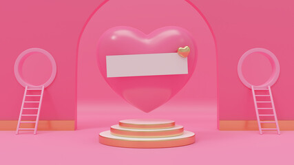 3d rendering illustration of heart pink on premium podium, pink background, decorated with heart gold balloon for love, wedding, valentine's day, anniversary.