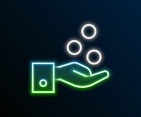 Glowing neon line People paying tips to service staff in restaurant and hotel icon isolated on black background. Tips money cash coin hotel resort service. Colorful outline concept. Vector