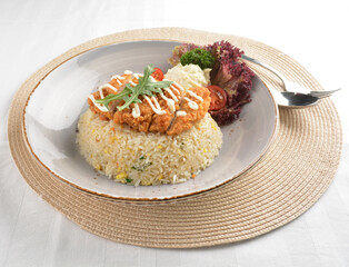 chef wok fried rice with crispy chicken chop cutlet and side salad asian halal menu