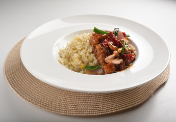 chef wok fried rice with spicy dark kong bo chicken and dried chilli and cashew nut asian halal menu
