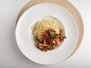 chef wok fried rice with spicy dark kong bo chicken and dried chilli and cashew nut asian halal menu