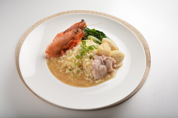 chef wok fried rice with seafood big tiger prawn and meat in thick gravy sauce asian halal menu