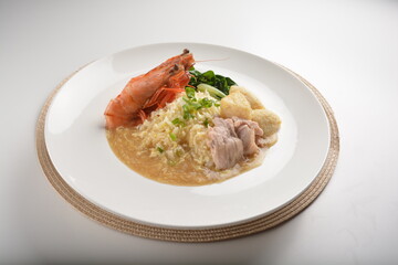 chef wok fried rice with seafood big tiger prawn and meat in thick gravy sauce asian halal menu