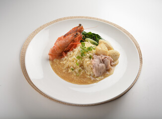 chef wok fried rice with seafood big tiger prawn and meat in thick gravy sauce asian halal menu